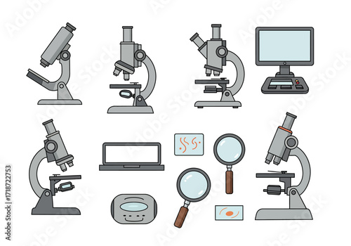 A collection of science lab tools including microscopes magnifiers and digital devices