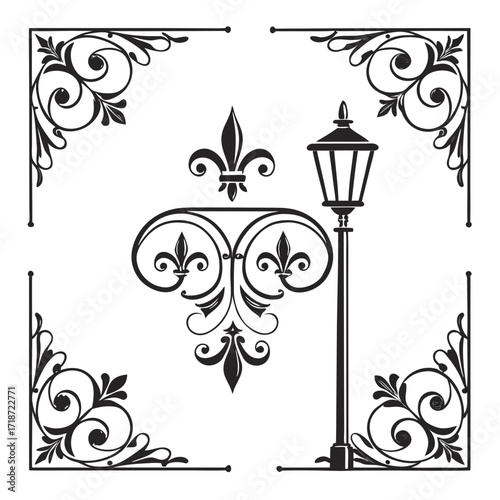 Ornate Black Flourishes and Street Lamp with Fleur de Lis