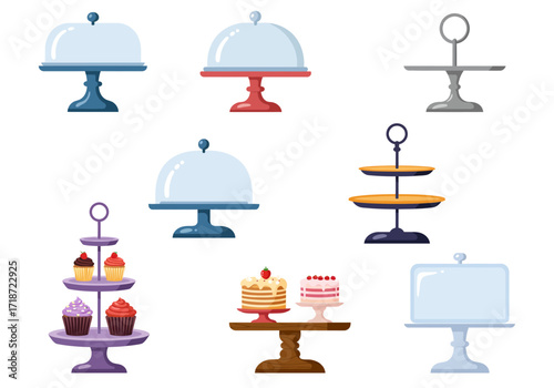 An arrangement of assorted cake stands some with cakes and cupcakes varying in design and color set against a white background