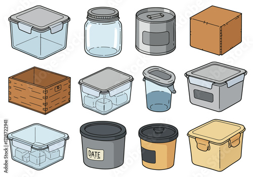 An arrangement of boxes jars and containers of various shapes and sizes
