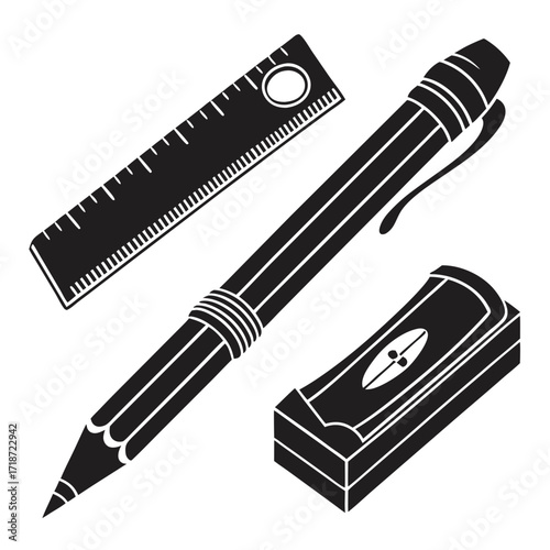 Pencil, ruler, and sharpener on white background stationery