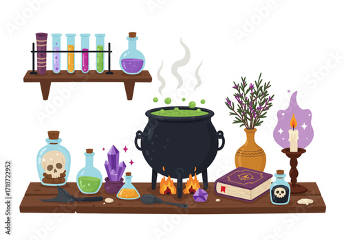 A witchs shelf with potions a cauldron crystals a spellbook a candle and other magical items