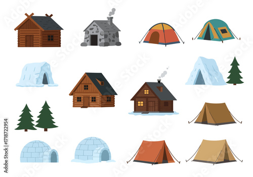 An arrangement of cabins igloos tents and pine trees are displayed