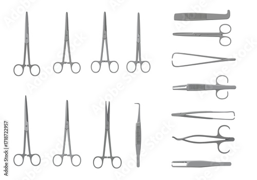 An arrangement of medical instruments hemostats retractors and forceps