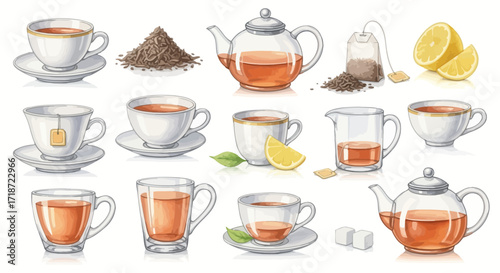 Watercolor clip art set of tea elements teacups, teapots, tea leaves, lemon wedges, sugar cubes