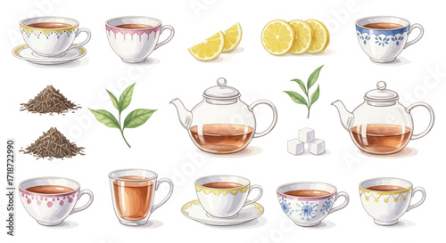 Detailed watercolor illustration set of tea time elements with teacups, teapots, and fresh lemon