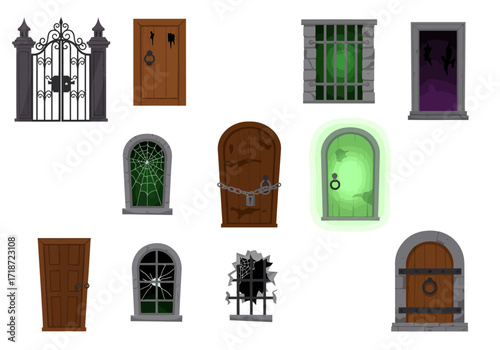 An array of spooky doors and windows some with bars some broken and others with eerie glows