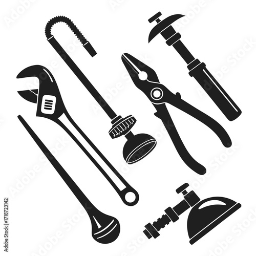 Plumbing Tool Silhouettes with Flexible Pipe wrench