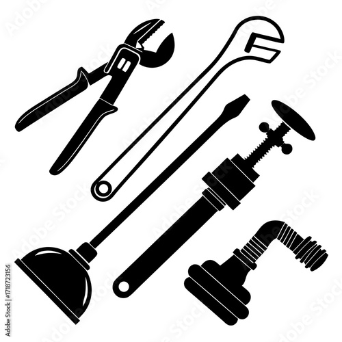 Plumbing Tools and Plunger Silhouettes wrench pliers