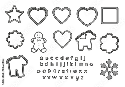 An assortment of cookie cutters in various shapes with the alphabet displayed below