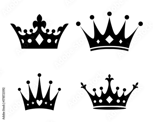 Set of four different elegant black silhouette crowns icons vector illustration