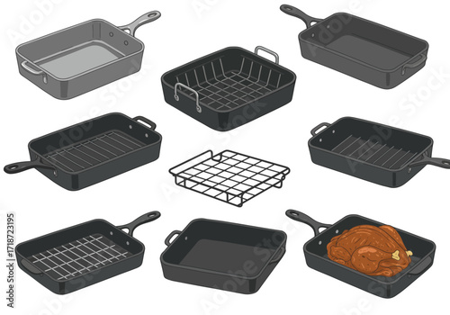 An assortment of cooking pans  oven racks one with a roasted turkey inside