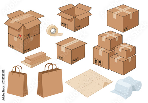 An assortment of packing materials including boxes tape bags wrapping paper and bubble wrap arranged on a white background