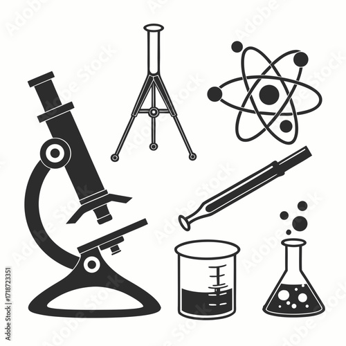 Science Lab Gear And Atomic Model In Black Silhouette Keywords: science, laboratory, equipment