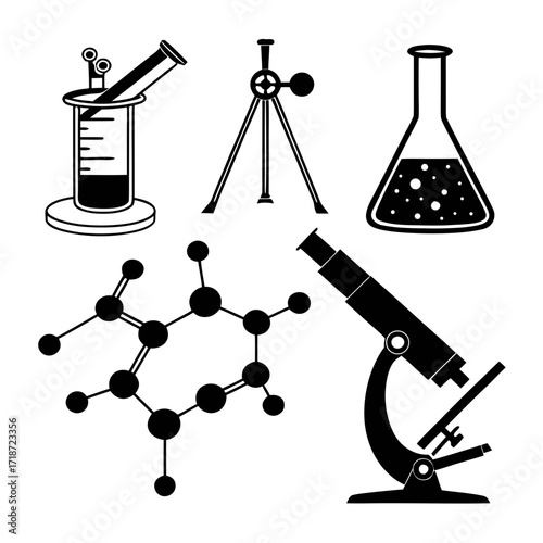 Science Laboratory Instruments And Molecular Structure In Silhouette Keywords: science