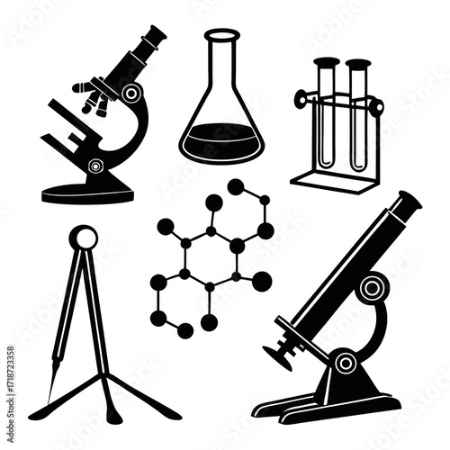 Science Laboratory Equipment Icons In Black Silhouette Keywords: science, laboratory, equipment