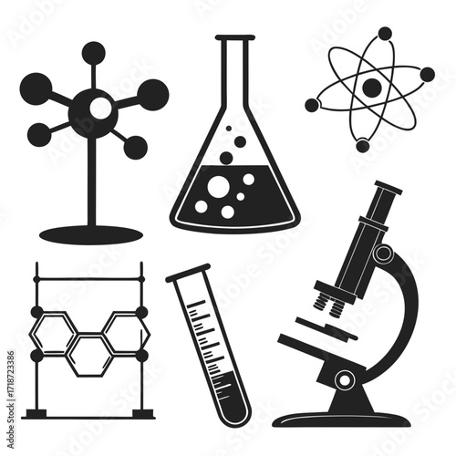 Scientific Laboratory Tools And Molecular Structures In Black Silhouette Keywords: science
