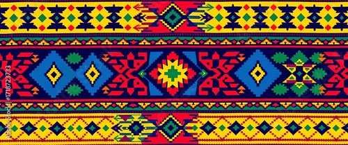 Vibrant African tribal textile with geometric shapes and bold colors,  bold,   seamless