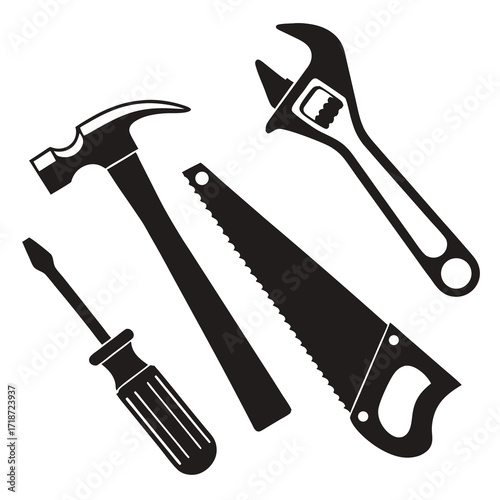 Silhouette of Common Hand Tools for Repair hammer screwdriver