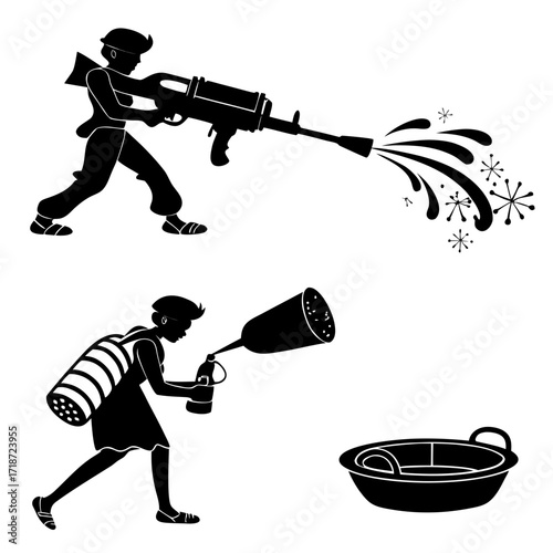 Silhouette of people with water guns and food items