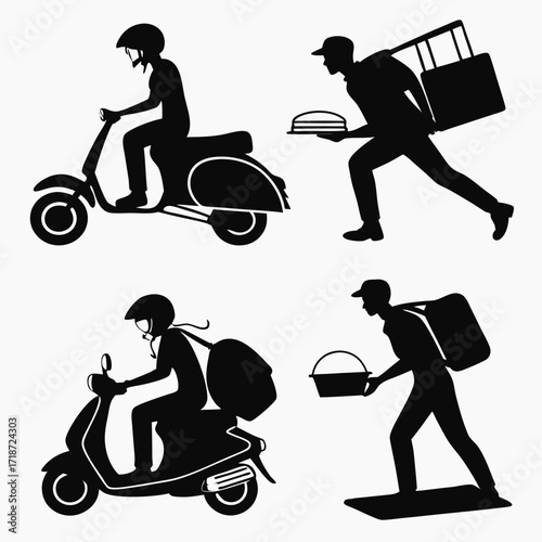 Silhouettes of Delivery Personnel on Scooters and on Foot