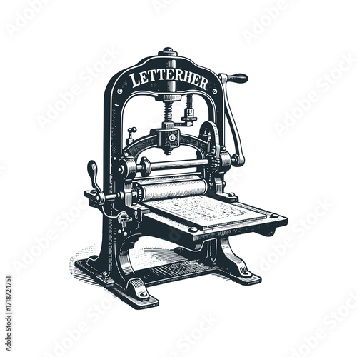 A vintage Letterpress printing press – Black and White Icon Vector and Illustration