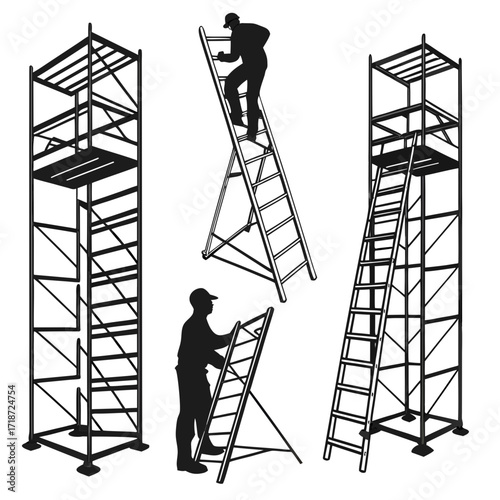 Silhouettes of workers on scaffolding and ladders Keywords: construction, worker, scaffolding