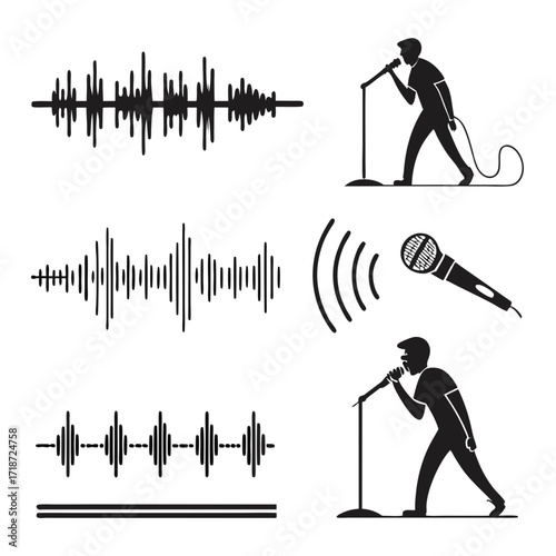 Singer with microphone and sound waves audio waveform