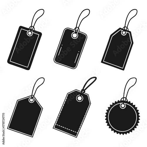 Six Black Blank Tags With White Outline Borders label
