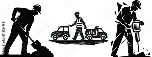 Construction Worker Silhouettes with Shovel, Jackhammer, and Traffic Control – Roadwork Labor Vector Icons for Industrial Safety and Building