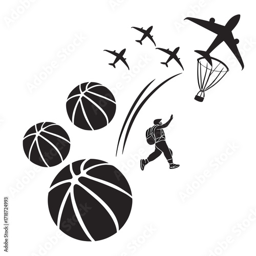 Skydiver with basketballs and airplanes on white background Keywords: skydiver, parachute