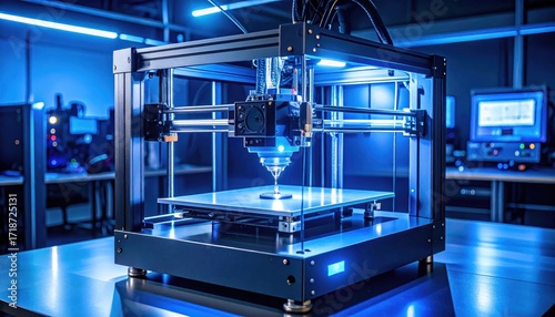 3D Printer in Lab with Blue Lighting, and Manufacturing Technology.