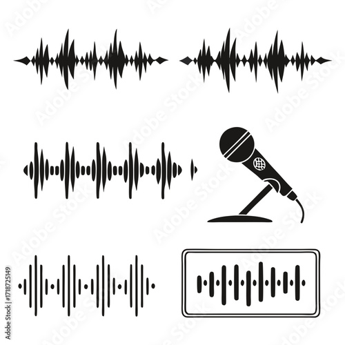 Sound wave and microphone icons set audio waveform