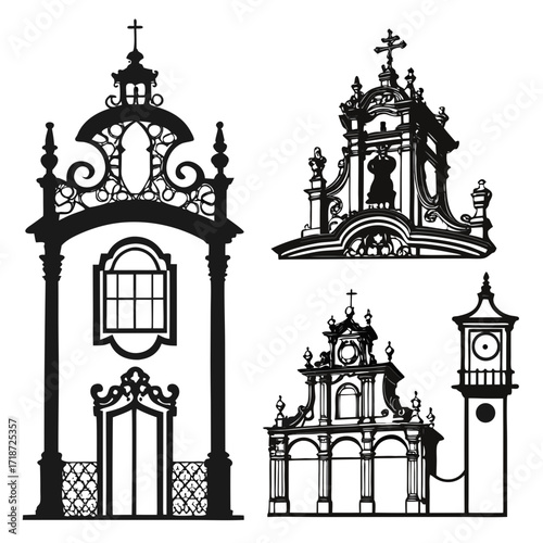 Stylized Silhouettes of Baroque Church Facades and Bell Tower