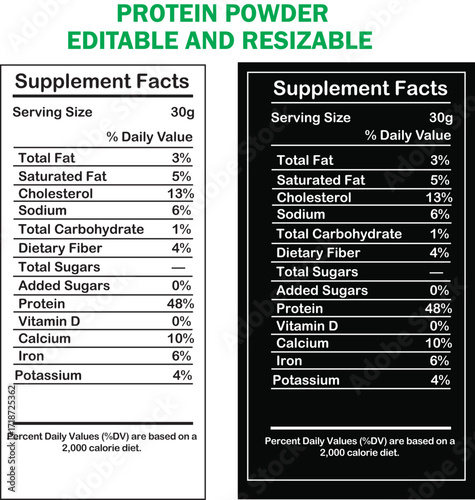 Protein Powder Supplement Facts vector illustration