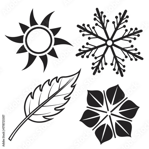 Sun snowflake leaf and abstract flower icons Keywords: sun, snowflake, leaf, flower