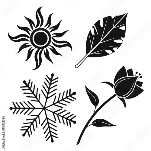 Sun leaf snowflake and abstract flower icons Keywords: sun, leaf, snowflake, flower