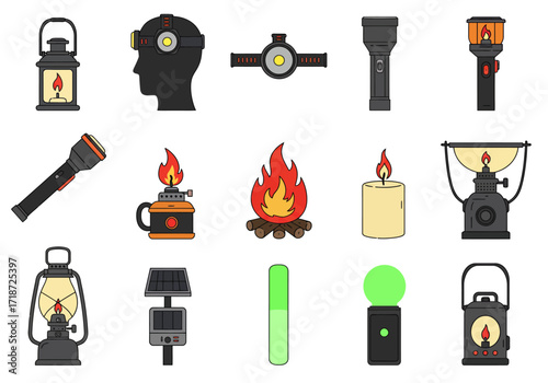 Array of campingrelated illumination tools  fire sources