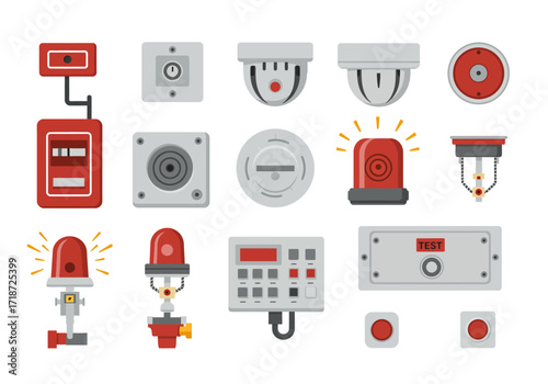Array of alarm and security devices pull station siren camera sprinkler control panel and buttons