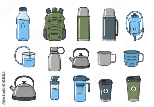 Array of outdoor hydration gear bottles packs kettles mugs  containers all depicted with simple cartoonstyle outlines