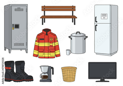 Array of objects locker bench jacket boots coffee pot tv etc