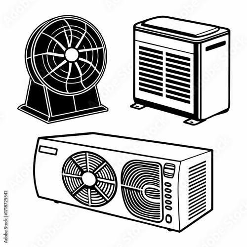 Three Black Silhouettes Of Air Conditioning Units And A Fan