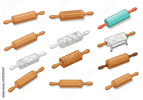 Array of rolling pins with diverse colors patterns and materials on white background