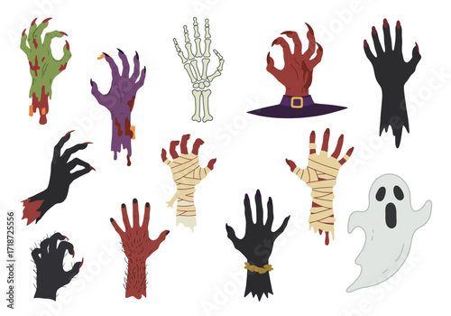 Array of spooky Halloween elements monster hands skeleton arm witch hand werewolf paw mummy hand ghost dark hands