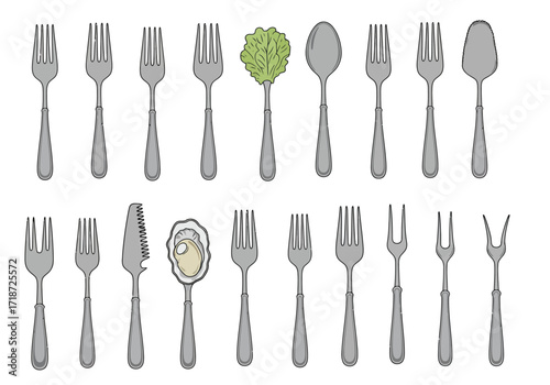 Array of utensils including forks spoons a knife and objects on utensils