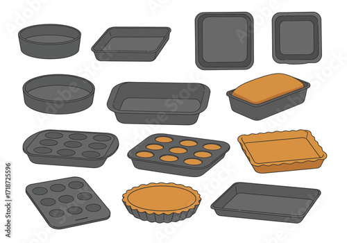 Assorted baking pans and tins some with baked goods in them against a white background