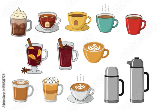 Assorted hot drinks chocolate with cream tea mulled wine latte hot chocolate cappuccinos in mugs and glass vessels