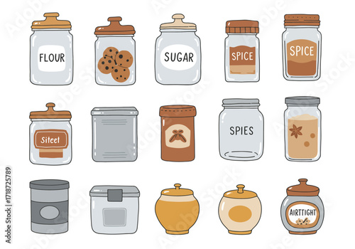 Assorted jars various shapes colors some labeled flour sugar spice airtight and others with contents like cookies