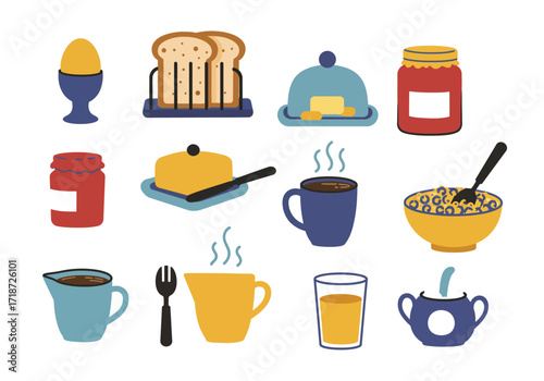 Breakfast foods  drinks depicted egg toast jam butter coffee cereal juice and sugar