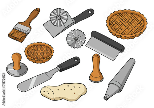 Baking tools pastry brush cutter scraper stamp spatula bag dough and pies on a white background